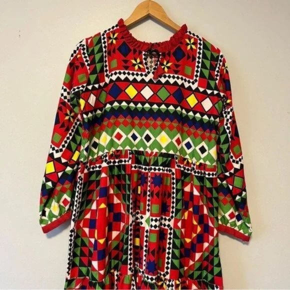 Hand stitched patchwork pattern tribal printed tiered maxi dress size L - Picture 3 of 7